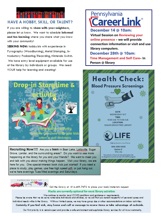 Page 1 of May 22 Newsletter with upcoming events.  Citizenship learning and discussion every 3rd Tuesday evening.  Career Link Outreach at the library every 2nd and 4th Wed 10-11am, Drop-in-Storytime available on-demand at the library.  Thank you and report on our tea events.  Share hobbies or skills with your community.