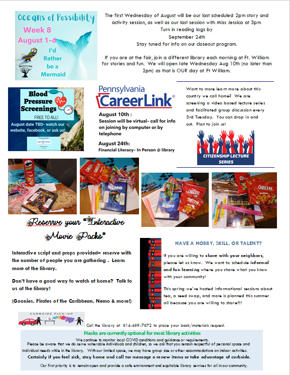 Page 1 of May 22 Newsletter with upcoming events.  Citizenship learning and discussion every 3rd Tuesday evening.  Career Link Outreach at the library every 2nd and 4th Wed 10-11am, Drop-in-Storytime available on-demand at the library.  Thank you and report on our tea events.  Share hobbies or skills with your community.